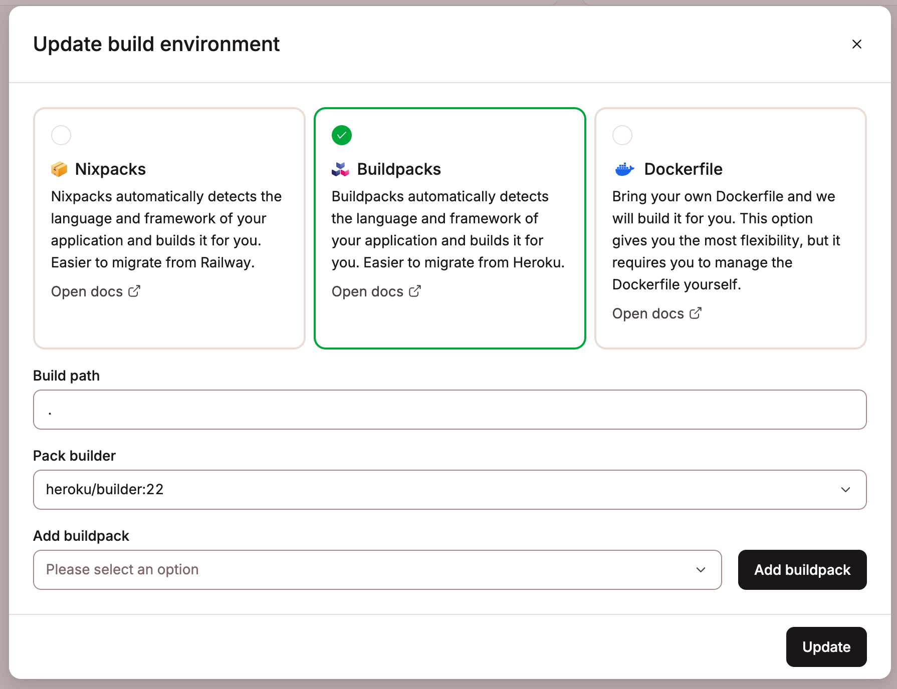 Select Buildpacks for your build environment.