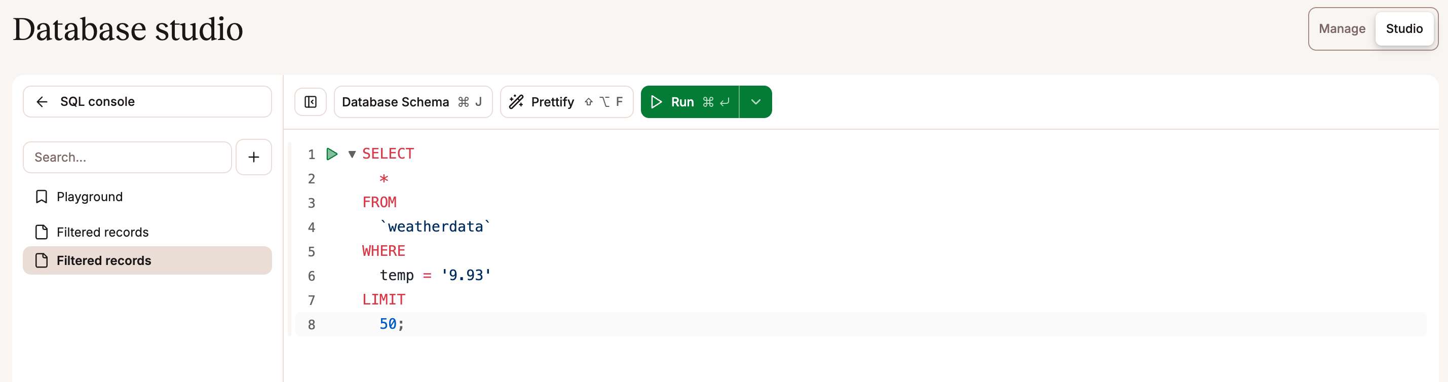 Database studio SQL editor.